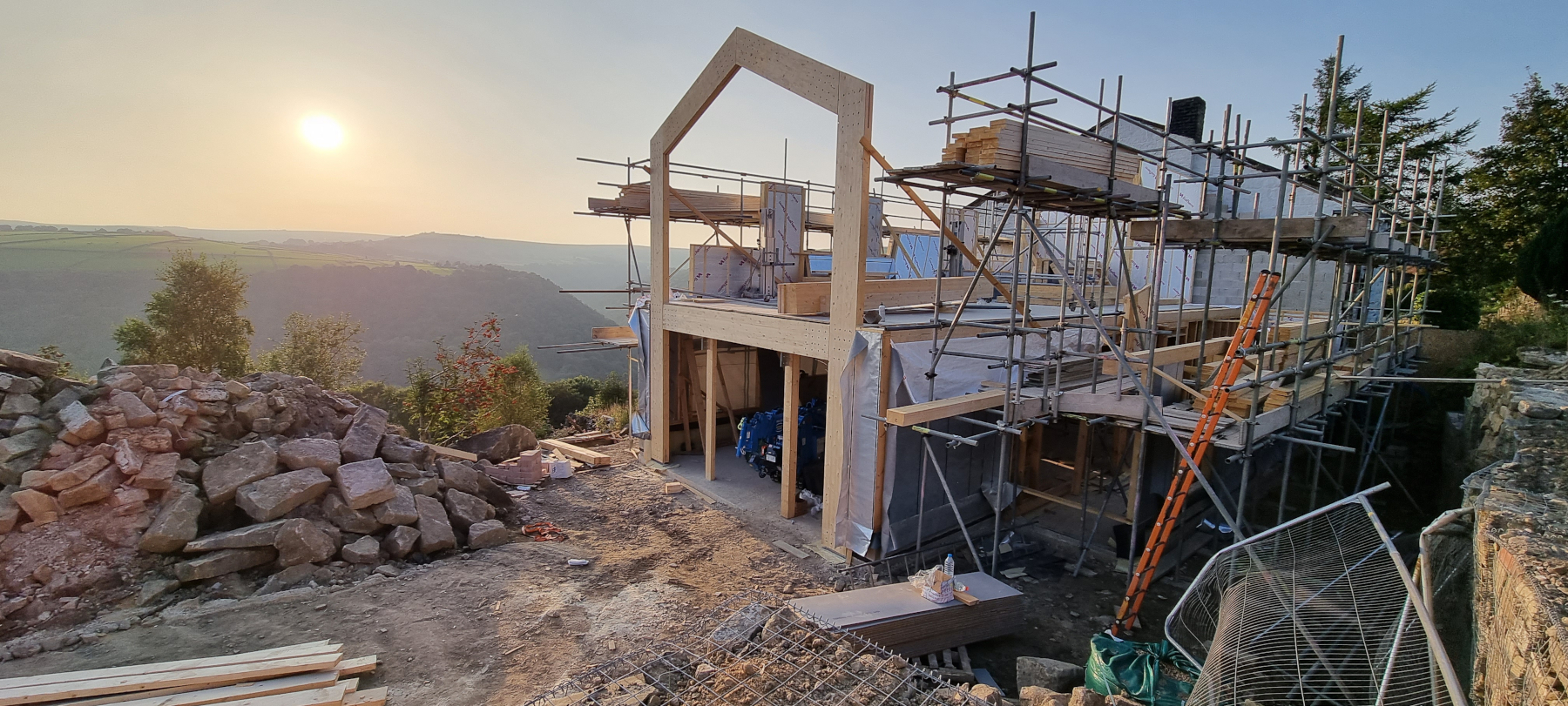 View over site following the erection of the glulam frame