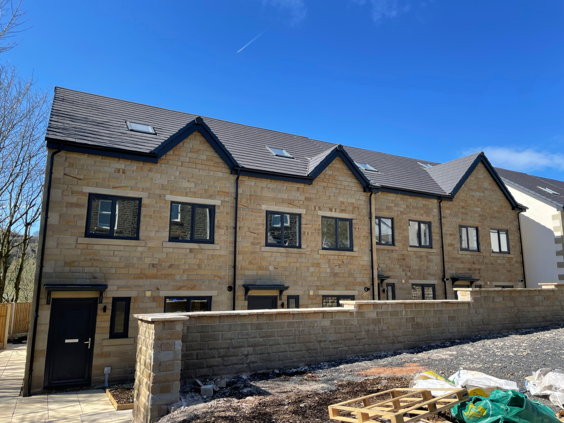 Front view of completed houses