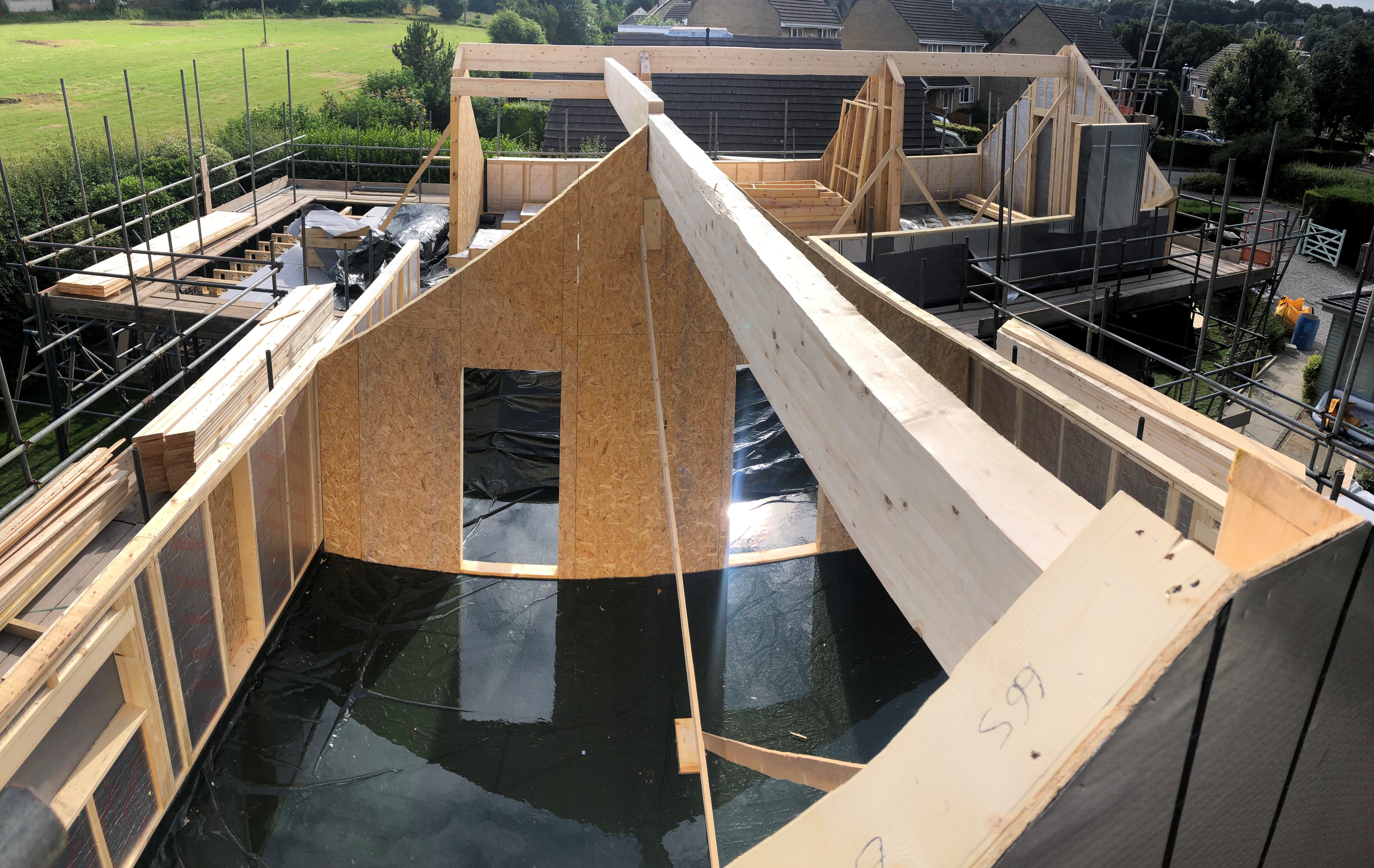 Timber frame erection in progress