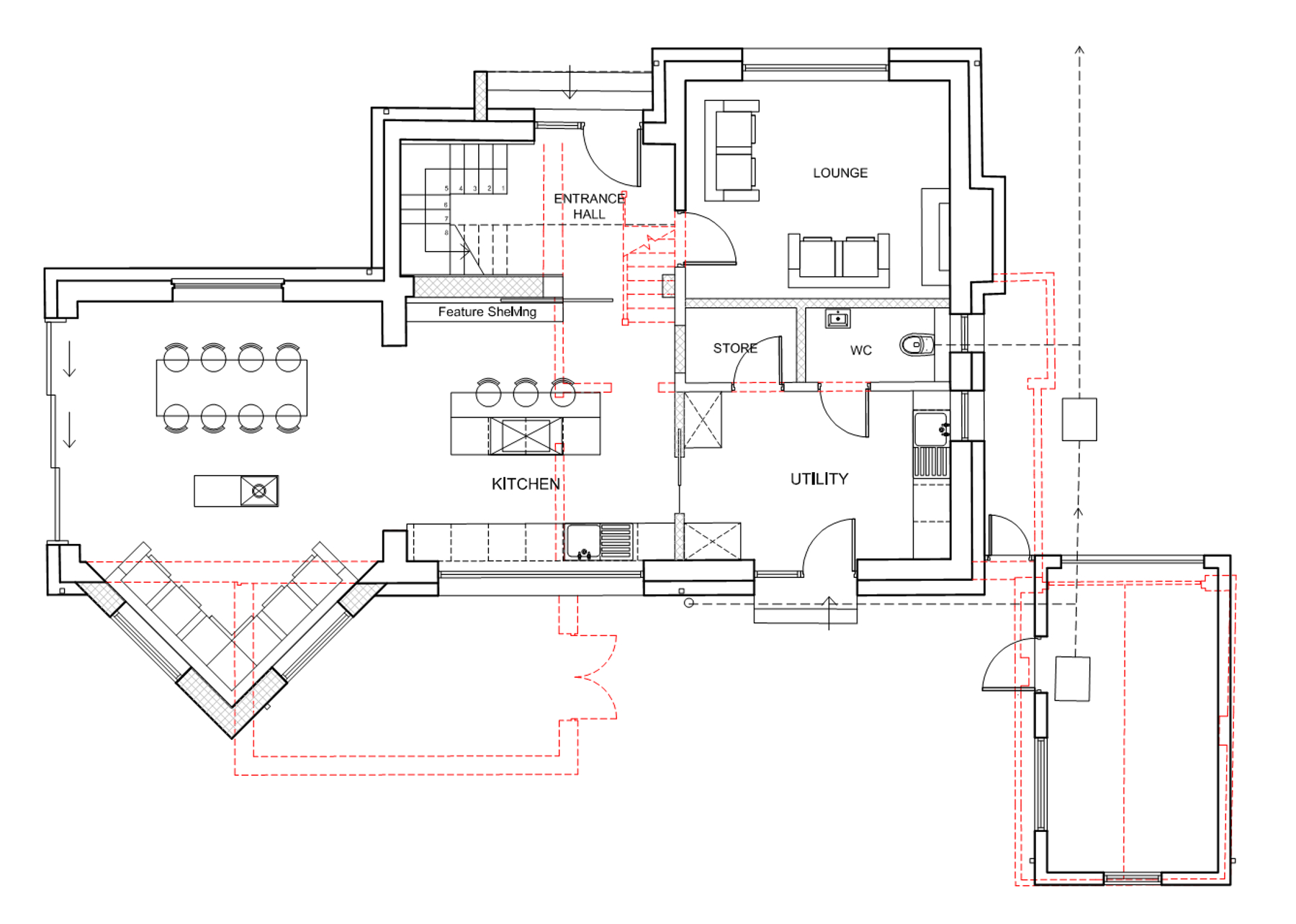 Ground floor plan showing the extent of structural intervention