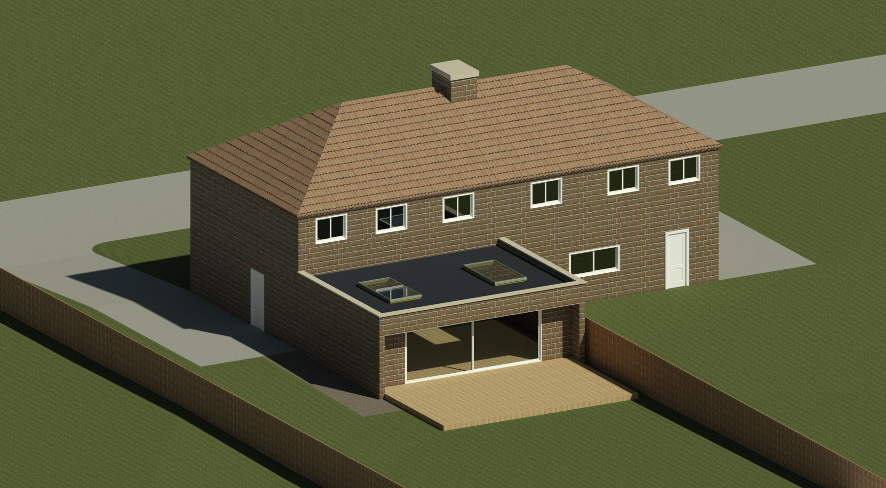 3D render of the single storey extension at Stocks Way with large glazed elevation to the garden